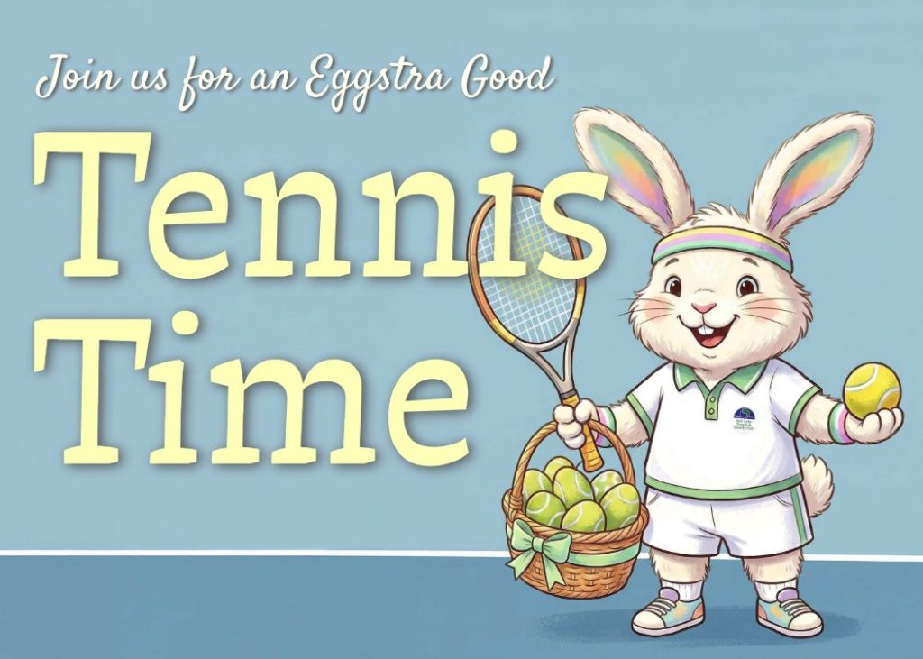 image of an Easter Bunny holding a tennis racket and text promoting an Easter tennis social.