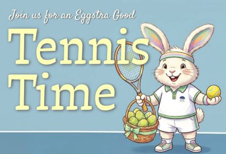 image of an Easter Bunny holding a tennis racket and text promoting an Easter tennis social.