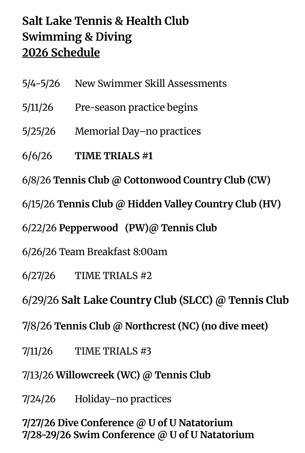 A schedule for the 2026 SLTHC Swim/Dive Team including all meets, skill assessments, and time trials.