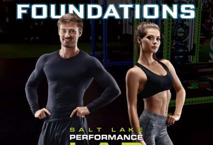 Image of a fit man and woman in workout clothing with the headline Strong Foundations and a logo for the Salt Lake Performance Lab