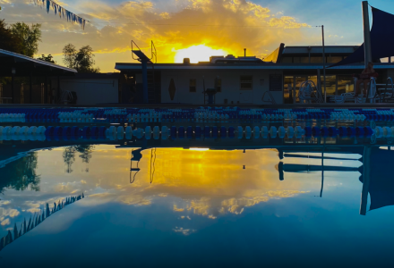 image of our pool at sunset with a Happy Labor Day text on the bottom.