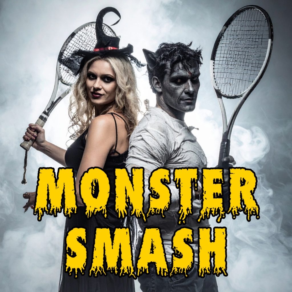 two adults wearing halloween costumes, standing back to back holding tennis rackets and a headline that reads 
